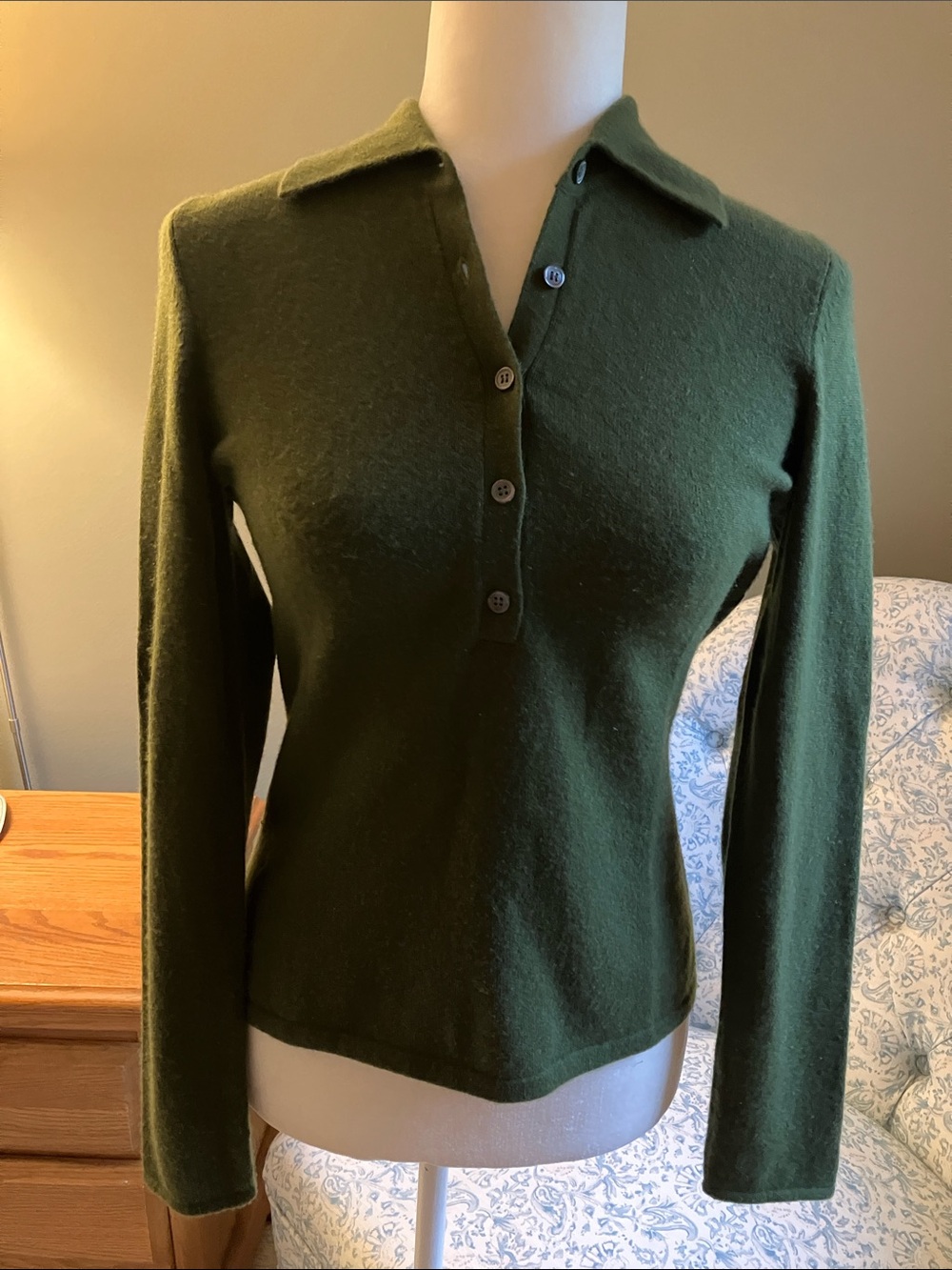 Bloomingdale's Collared Cashmere Sweater Long Sleeve Olive Green PS